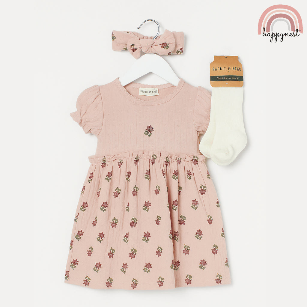 Baby Girl Dress Set w/ Headband & Socks (3-9M) | AA326 Rabbit Bear