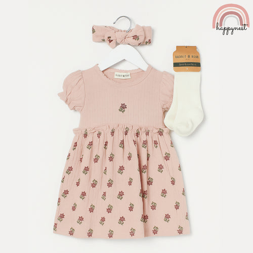Baby Girl Dress Set w/ Headband & Socks (3-9M) | AA326 Rabbit Bear