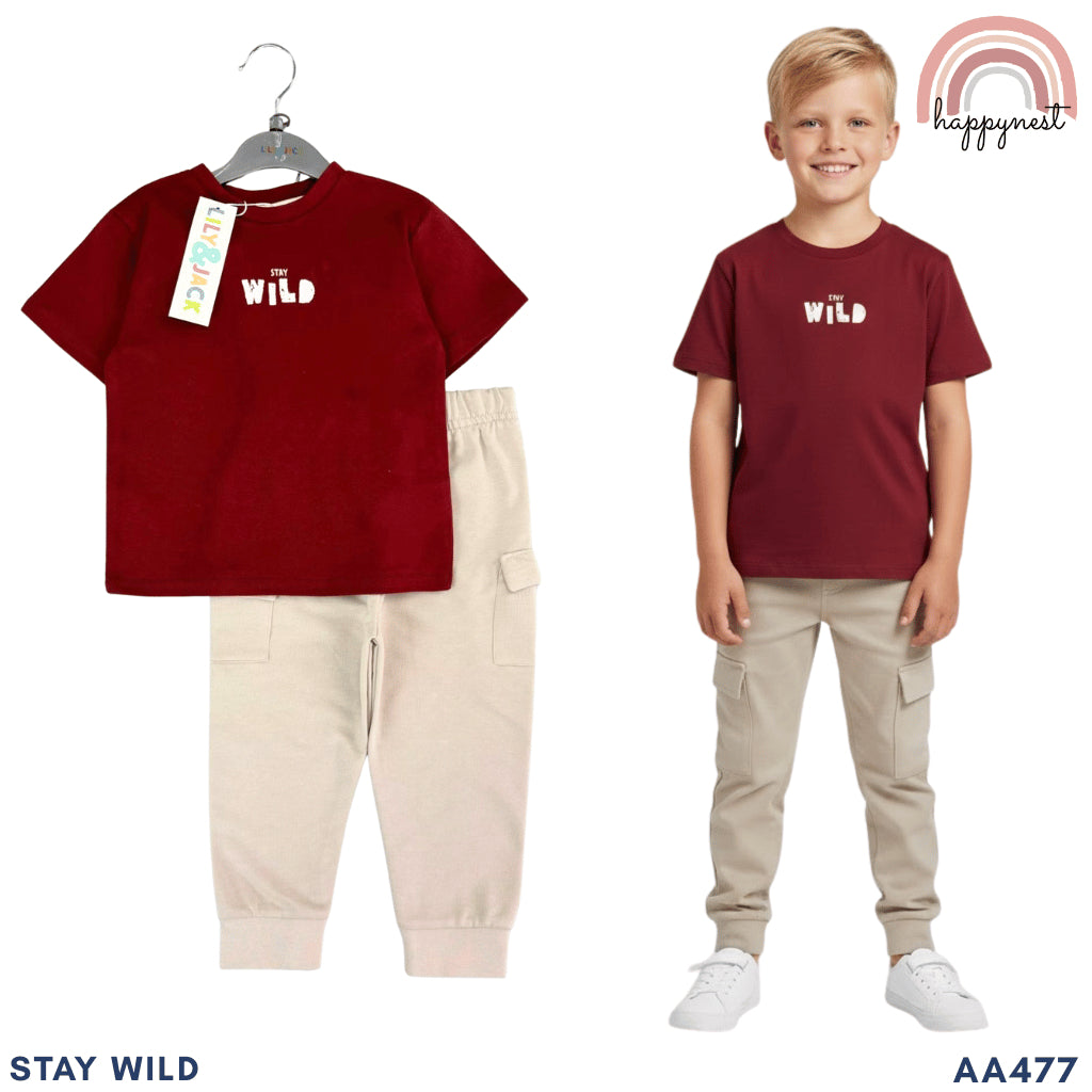 Lily & Jack Boys 2-Pc "Stay Wild" Tee & Cargo Jogger Set | 2-4 Years (AA477)
