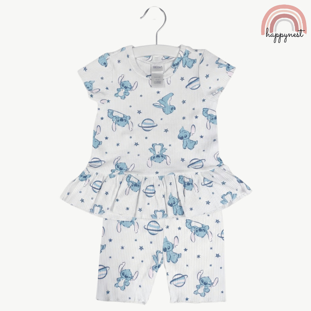 Disney Stitch Girls Kid 2-Pc Ruffle Top & Shorts Set | 2-6 Years White Ribbed Cotton (B7)