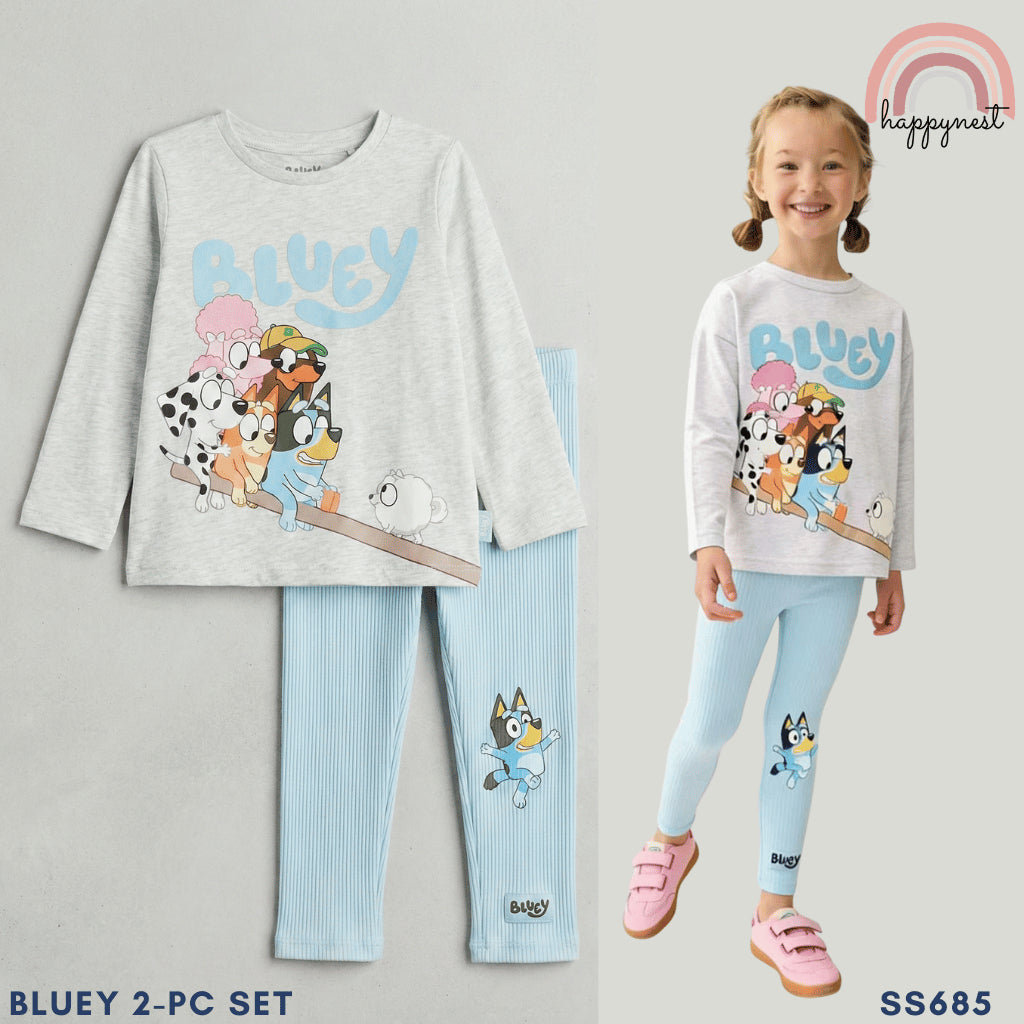 Bluey Girls 2-Pc Long Sleeve Top & Ribbed Leggings Set | Grey & Blue | (SS685) 1-4 Years