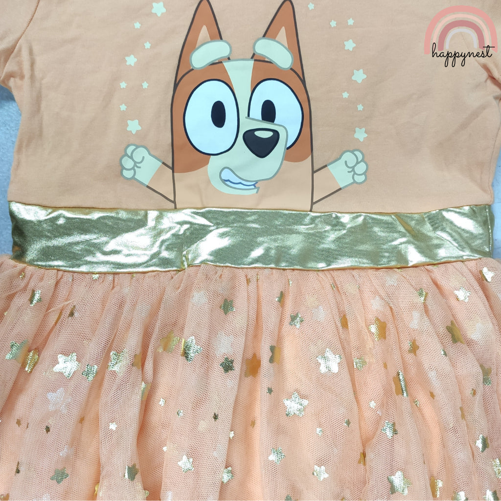 Bingo Bluey Kids Hooded Tutu Dress - Sparkly Peach Character Dress for Girls (D6)