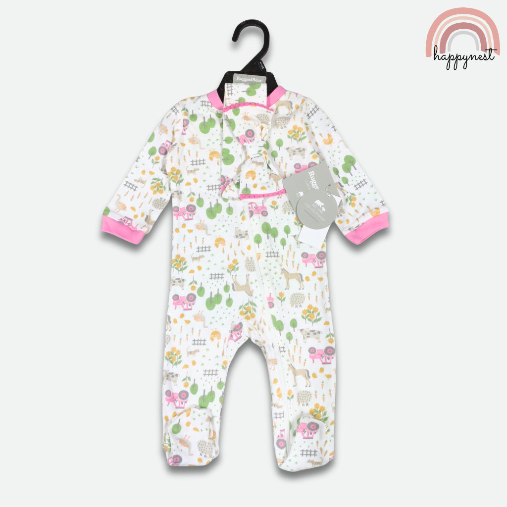 Rugged Bear Baby Girl Sleepsuit & Headband Set. | Farm Print (B54) 6-9 Months