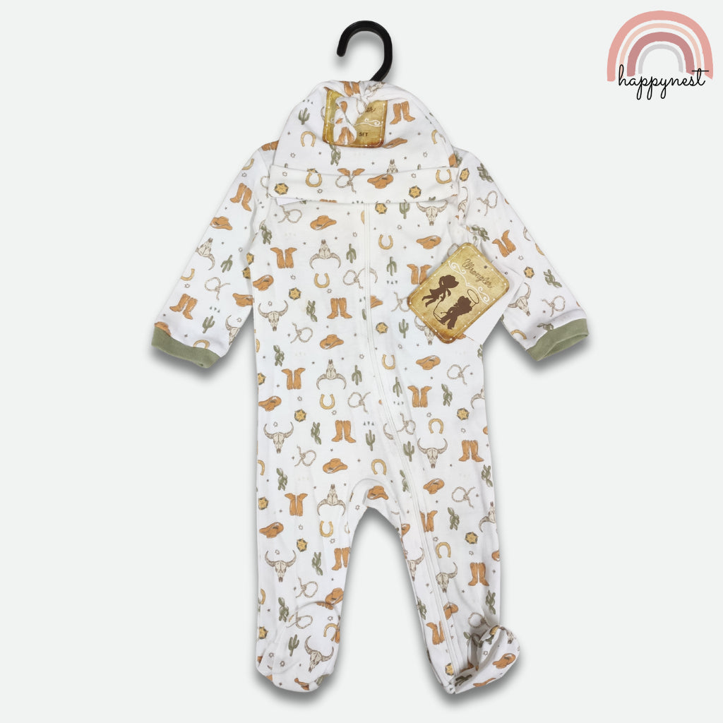 Wrangler Baby 2-Pc Sleepsuit & Hat Set | Cowboy Gear Print (B56) 3-9 Months