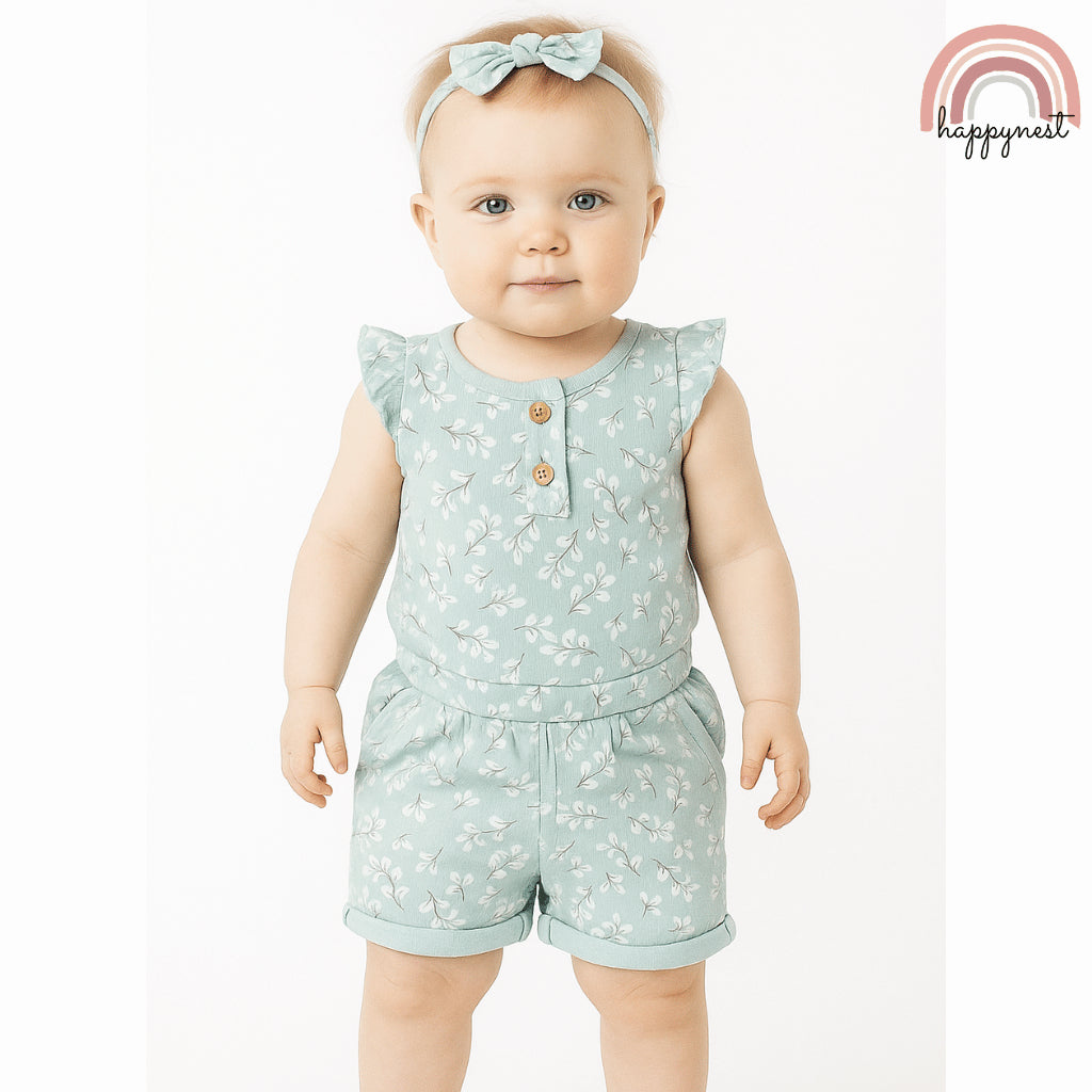Baby Girl Blue Clothes 3pcs Romper Shorts and Headband Outfit 0-12 Months AA319