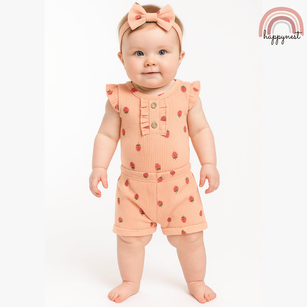 Baby Girl Orange Clothes 3pcs Strawberry Romper Shorts and Headband Outfit 0-12M AA320
