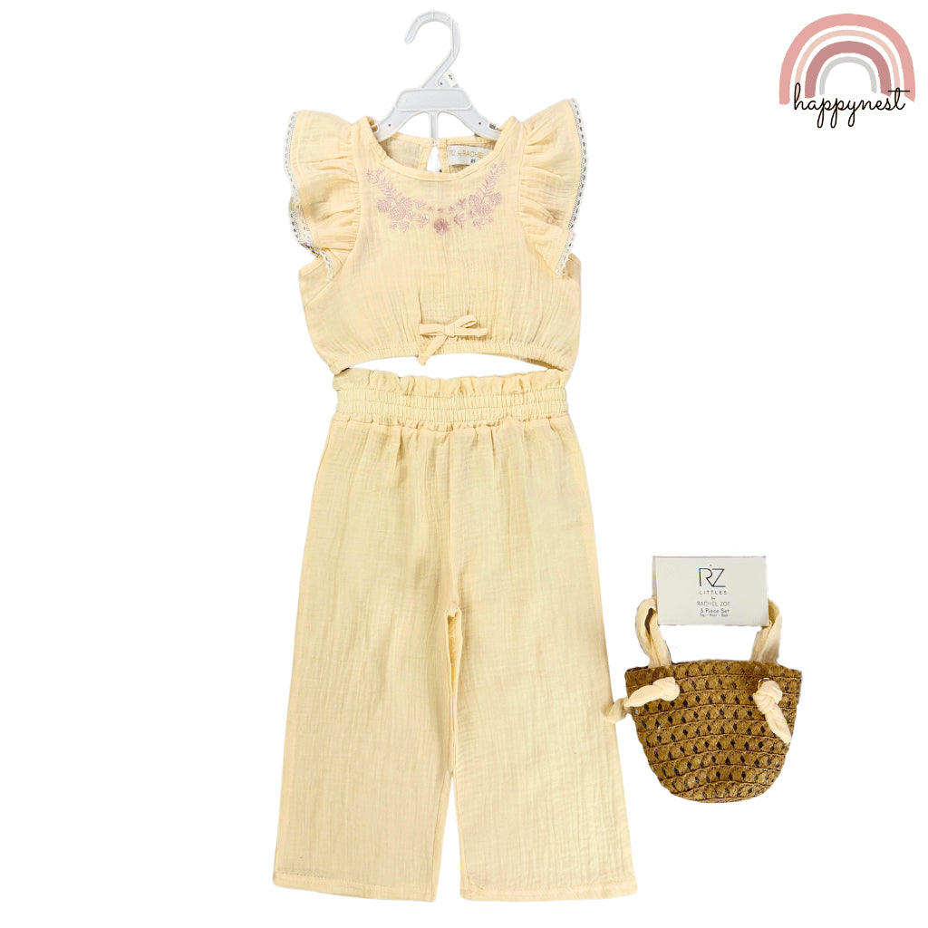 Rachel Zoe 3-Piece Yellow Baby Set with Embroidered Top, Pants & Bag (2–4 Years) | AA365