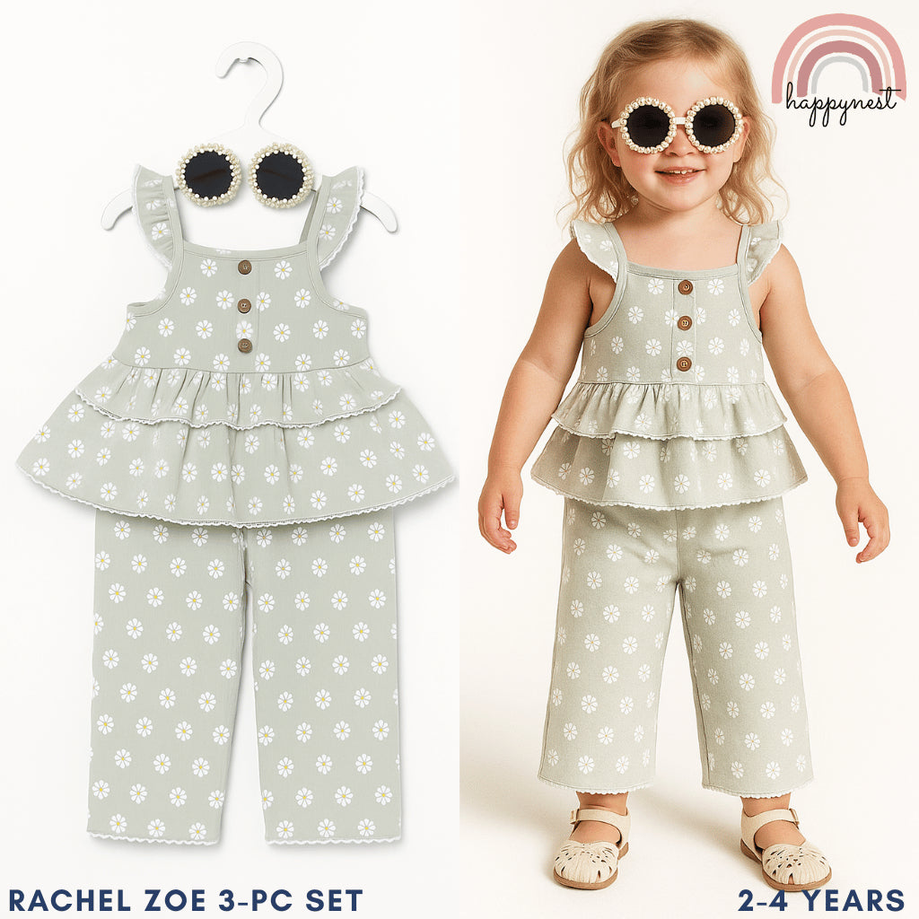 Rachel Zoe 3-Piece Sage Green Daisy Baby Set with Top, Pants & Sunglasses (2–4 Years) | AA368
