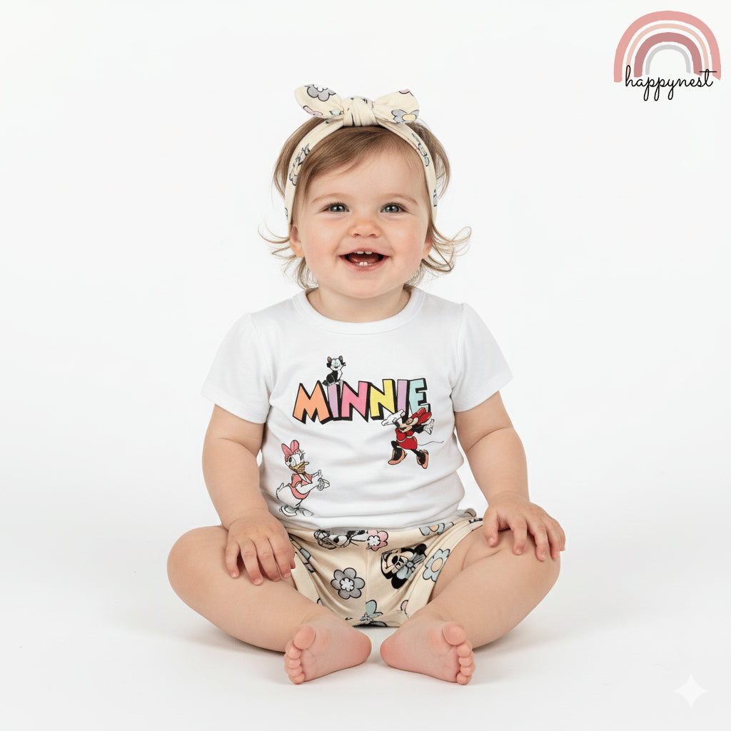 Minnie Baby Girl OOTD 3-Piece Set – Blue Shirt, Beige Shorts & Headband 3 to 24 Months AA180