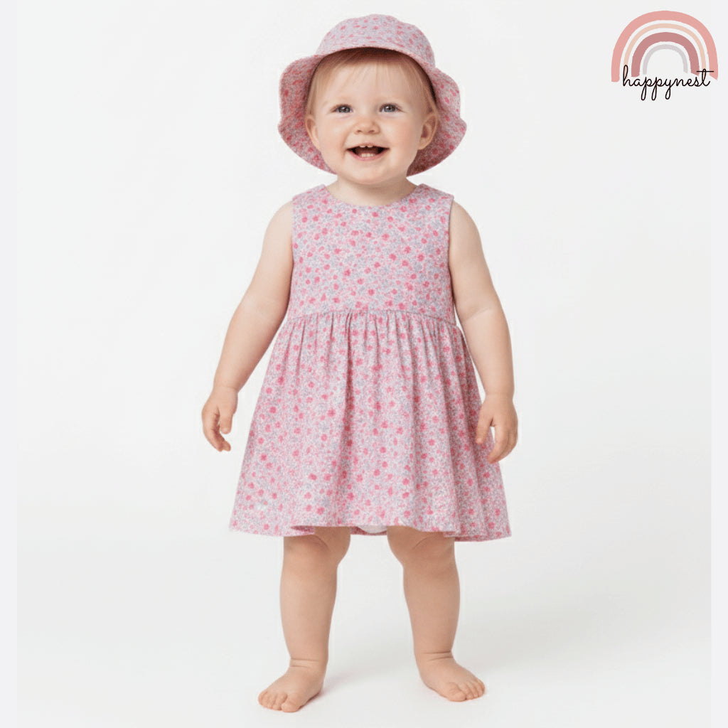 Cute Pink Floral Dress and Hat Terno for Baby Infant Girls 3-24 Months AA374