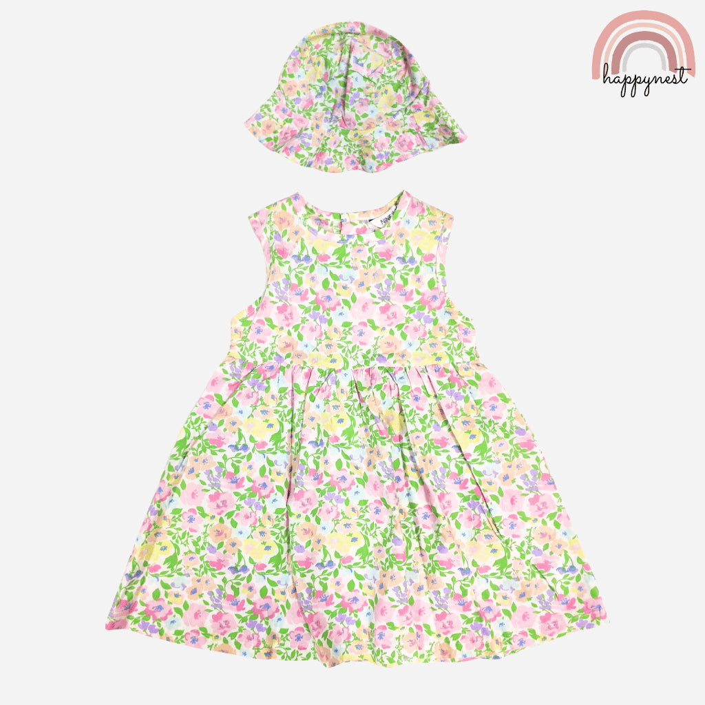 Pastel Floral Sleeveless Dress & Hat Set 2-4Y AA378