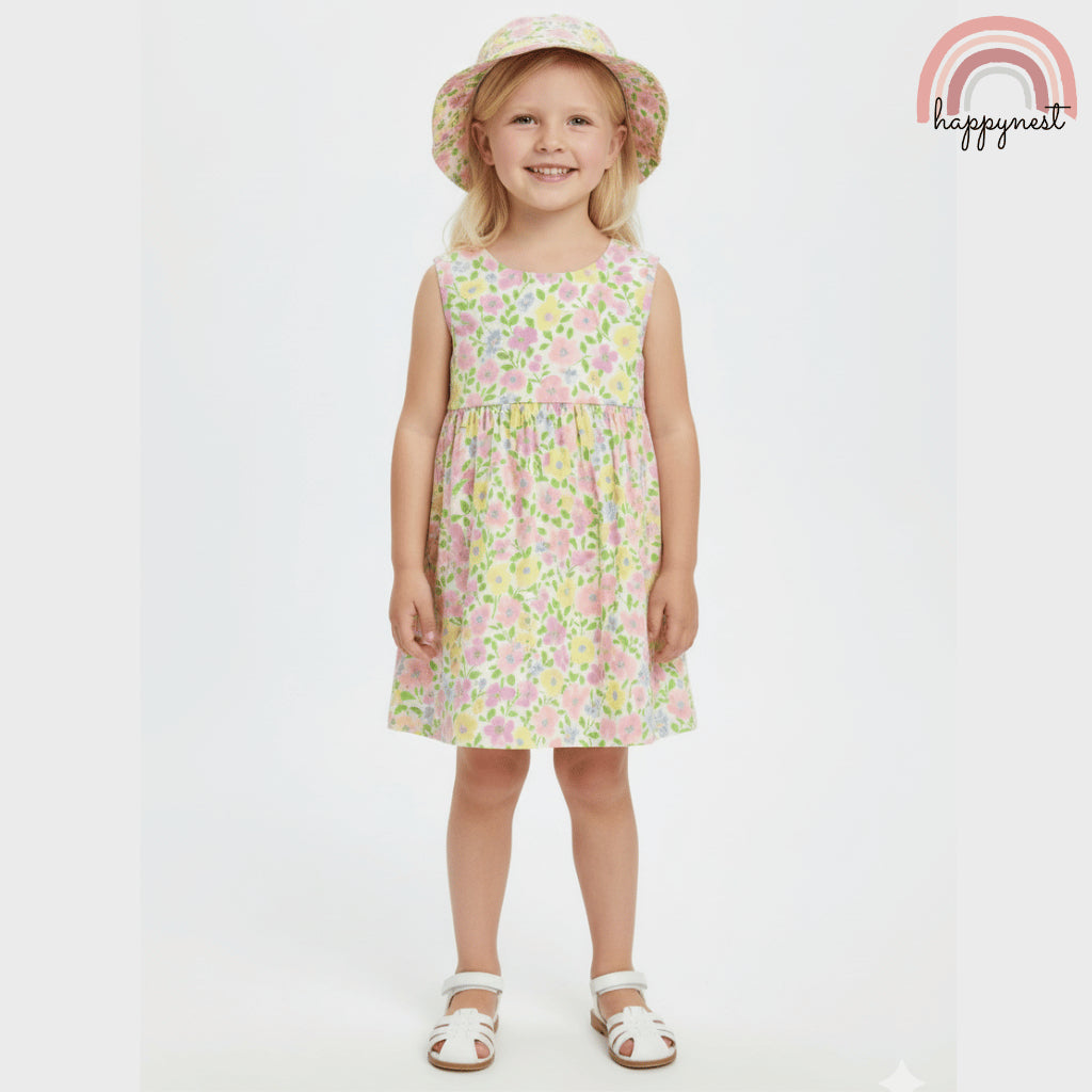 Pastel Floral Sleeveless Dress & Hat Set 2-4Y AA378