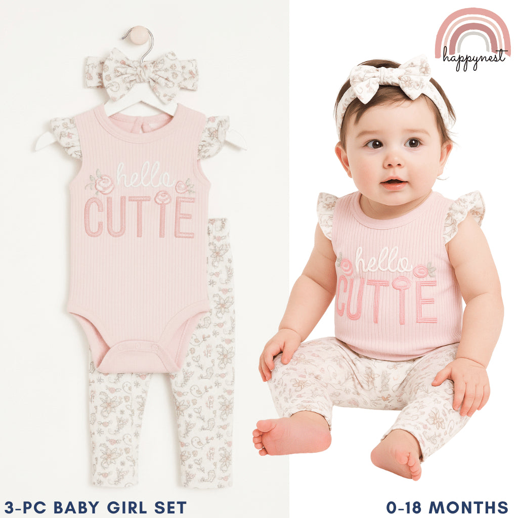 Baby Girl Onesies OOTD Set 3pcs Hello Cutie Romper Pants and Headband Set 0-9M AA276