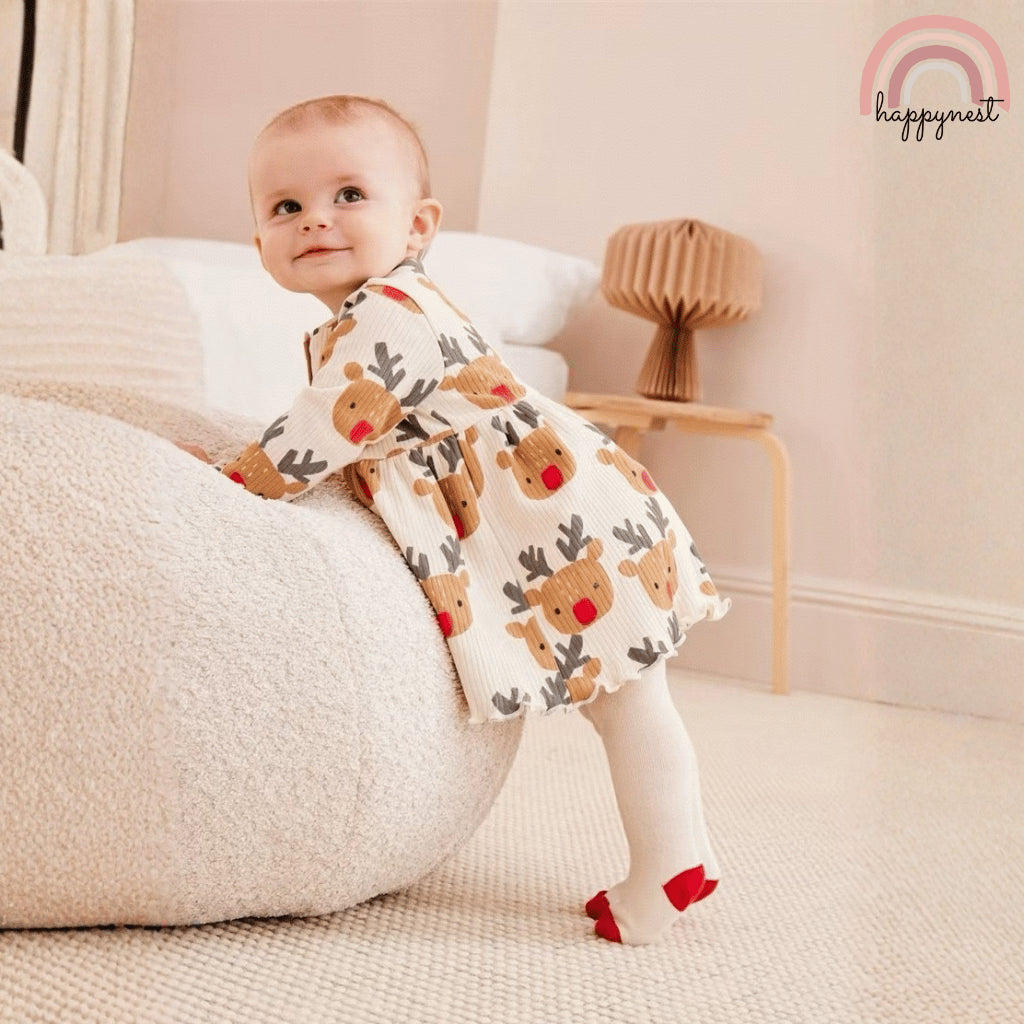 George Reindeer Dress & Tights Set Christmas Holiday Terno (3-36M) | AA429