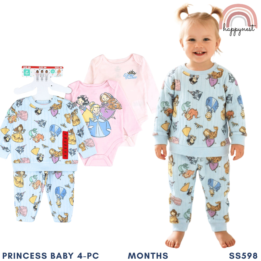 Disney PRINCESS Baby 4PC Set Light Blue Pink Toddler Pajama Sleepwear Bodysuit 9M-2Y SS598