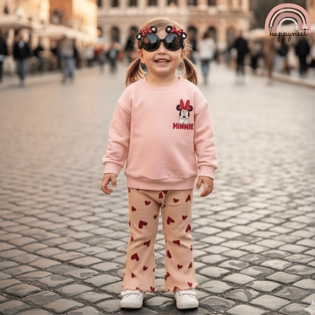 Minnie Peach Sweatshirt, Heart Flare Pants & Sunglasses Set 3-Piece – SS662 3-36 Months