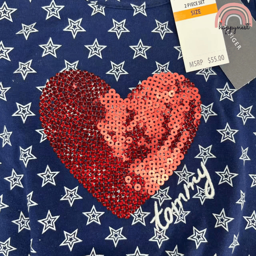 Blue Red Girls 2-Pc Sleeveless Set | Sequin Heart & Stars | Navy & Red | 2-10 Years (AA487)