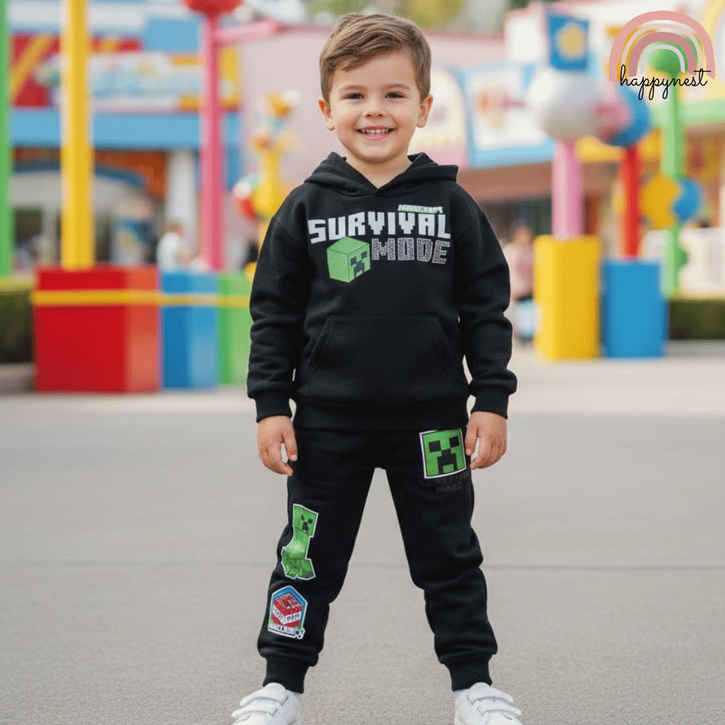 Minecraft Boys 2-Pc Gaming Hoodie & Joggers Set | Survival Mode Black Tracksuit | 2-8 Years (SS687)