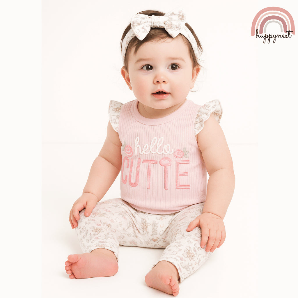 Baby Girl Pink Clothes 3pcs Hello Cutie Romper Pants and Headband Set 0-9M AA276