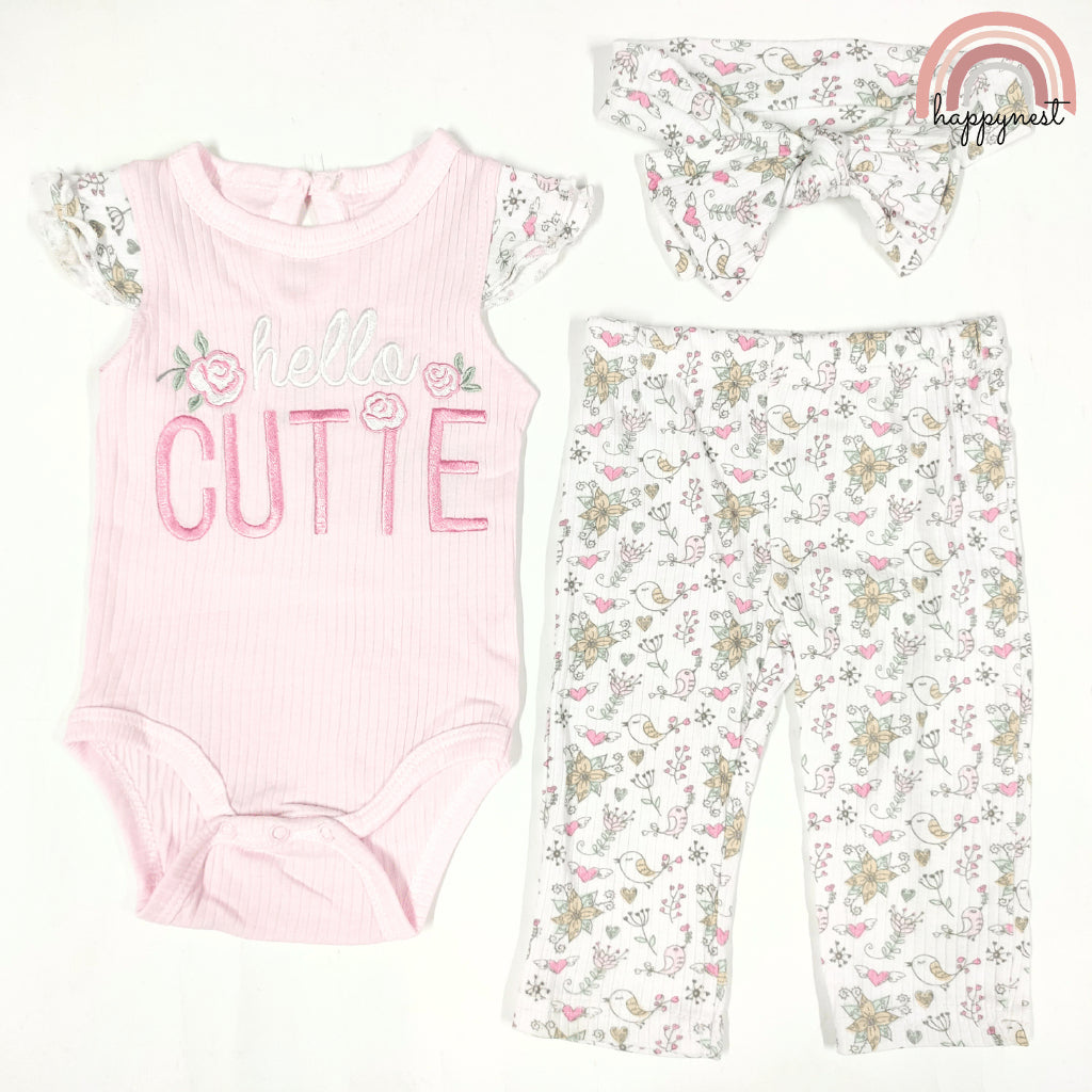 Baby Girl Pink Clothes 3pcs Hello Cutie Romper Pants and Headband Set 0-9M AA276