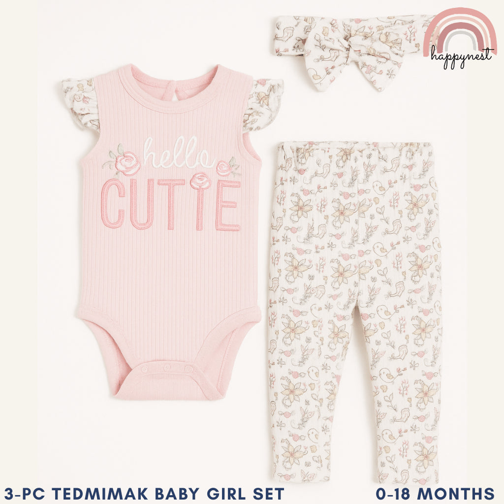 Baby Girl Pink Clothes 3pcs Hello Cutie Romper Pants and Headband Set 0-9M AA276