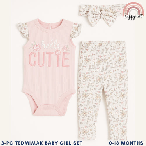Baby Girl Onesies OOTD Set 3pcs Hello Cutie Romper Pants and Headband Set 0-9M AA276