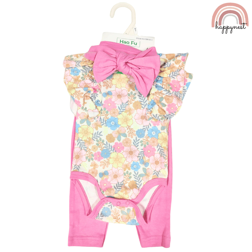 Baby Girl Clothes 3pcs Floral Romper Pink Pants and Headband Outfit 0-9M AA277
