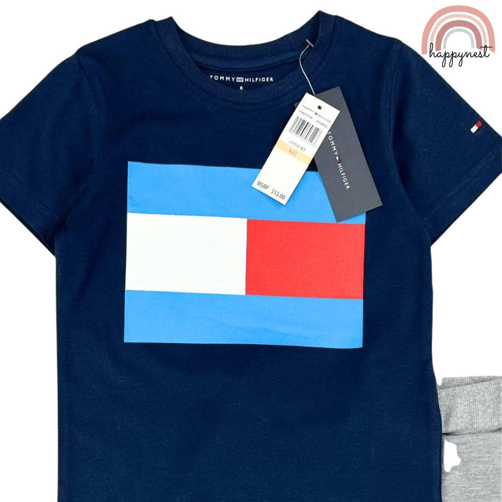 Boys Casual OOTD – Navy Blue Graphic Shirt & Grey Shorts Set | 2–10 Years (AA309)