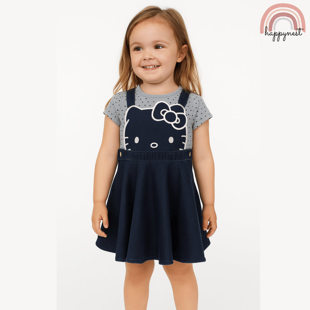 Hello Kitty Girls Denim Jumper Dress – Shirt & Skirt Outfit | Overruns Quality | 2–7Y (AA310)