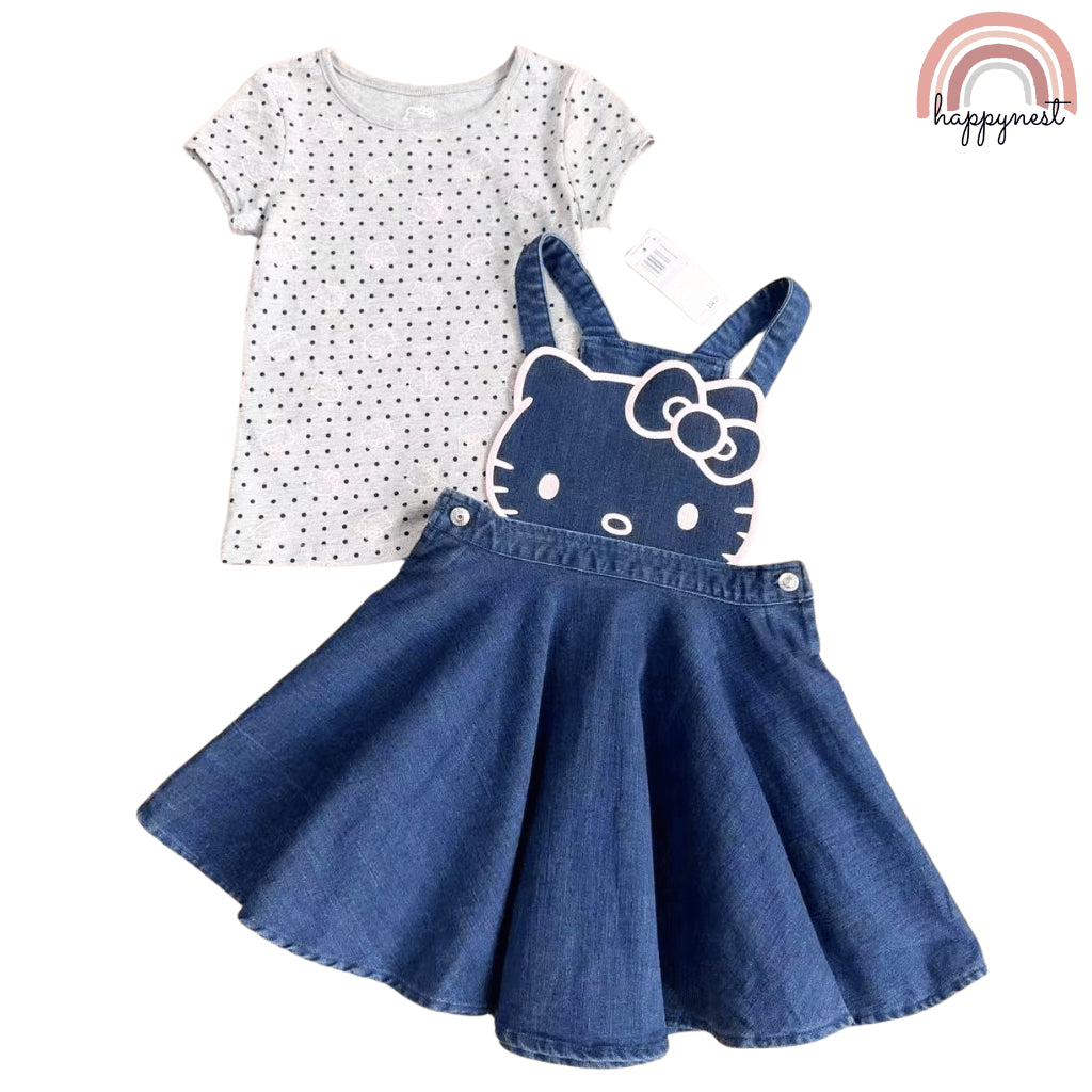 Hello Kitty Girls Denim Jumper Dress – Shirt & Skirt Outfit | Overruns Quality | 2–7Y (AA310)