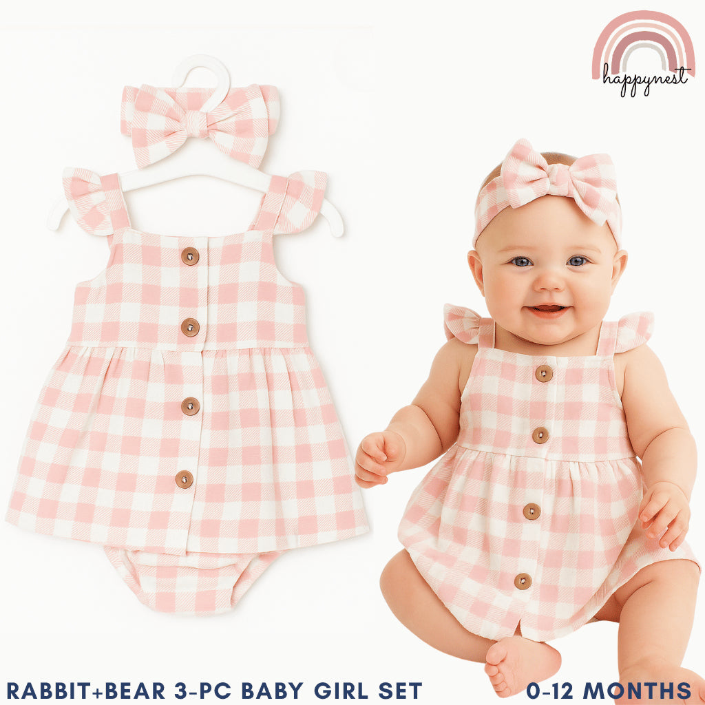 Baby Girl Clothes 3-Piece Set Pink Checkered Dress Bloomers Headband 0-12M AA315