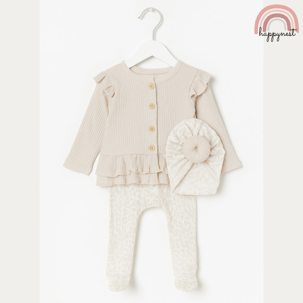 Baby 3-Piece Set Rachel Zoe Peplum Cardigan, Leopard Pants & Turban Hat Set 3-9M AA390