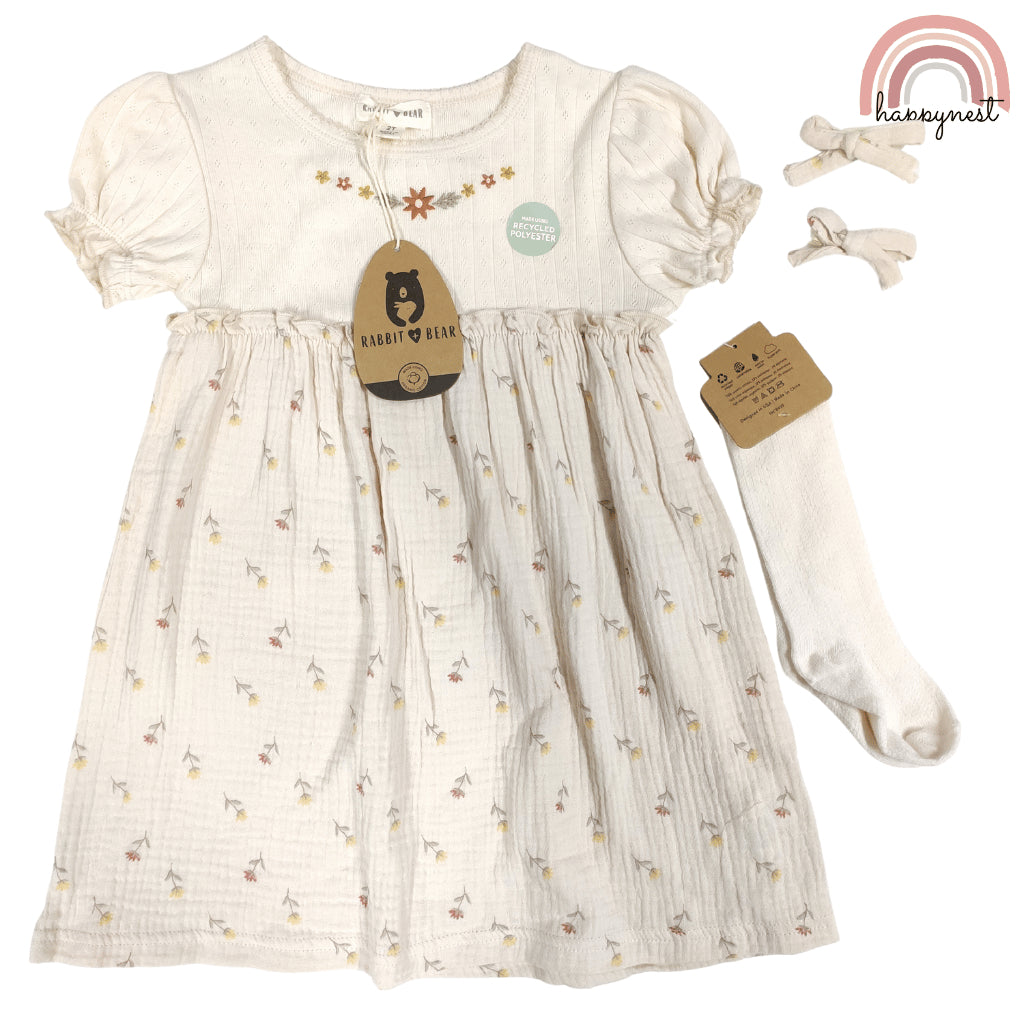 Girls Floral Dress with Socks & Clips Set Rabbit Bear (2-4Y) | AA323