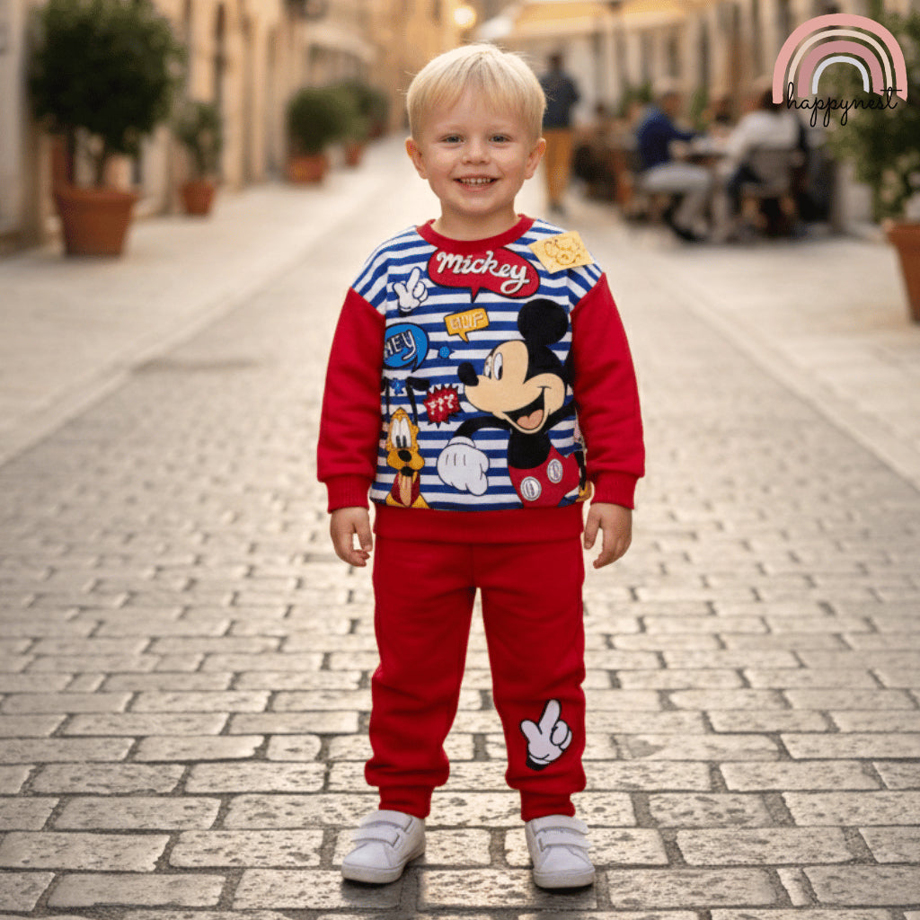 Mickey & Pluto Terno Set Baby Boys Cotton Sweater Joggers Striped Red 6-36M SS634
