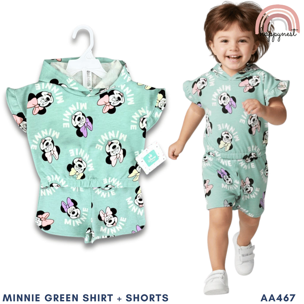 Disney Minnie Mouse Girls 2-Pc Ruffle Hoodie & Shorts Set | Soft Mint Green | 1-4 Years (AA467)