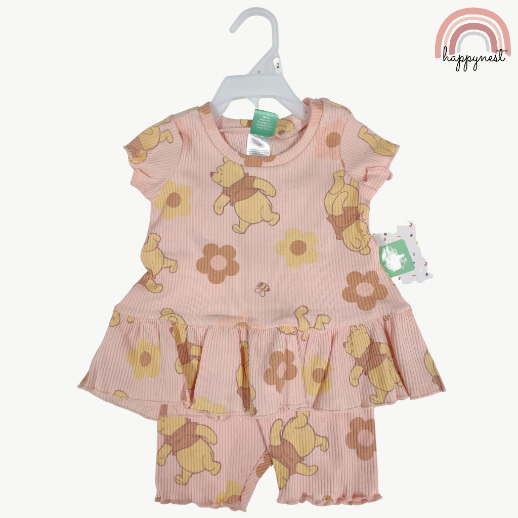 Disney Winnie the Pooh Toddler Girls 2-Pc Ruffle Set | Peach Ribbed Cotton | 12-24 Months (B10)