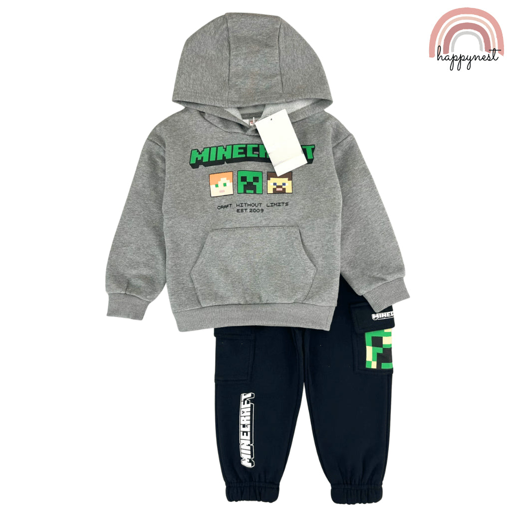 Minecraft Kids Boys 2-Pc Hoodie & Cargo Joggers Set | Grey Tracksuit | 2-8 Years (SS680)