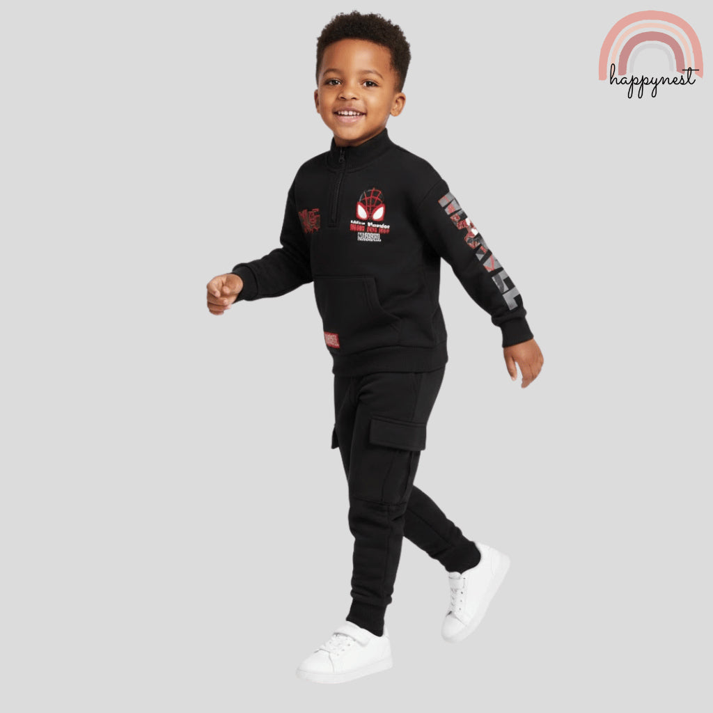 Marvel Spiderman Miles Morales Kids 2-Pc Set | Black Half-Zip Hoodie & Cargo Joggers | 2-8Y (SS681)