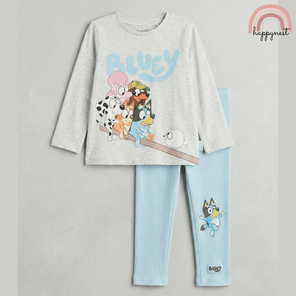 Bluey Girls 2-Pc Long Sleeve Top & Ribbed Leggings Set | Grey & Blue | (SS685) 1-4 Years