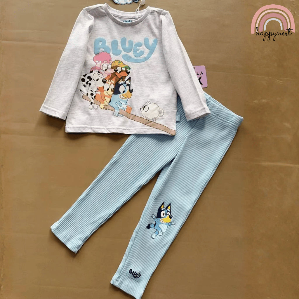 Bluey Girls 2-Pc Long Sleeve Top & Ribbed Leggings Set | Grey & Blue | (SS685) 1-4 Years