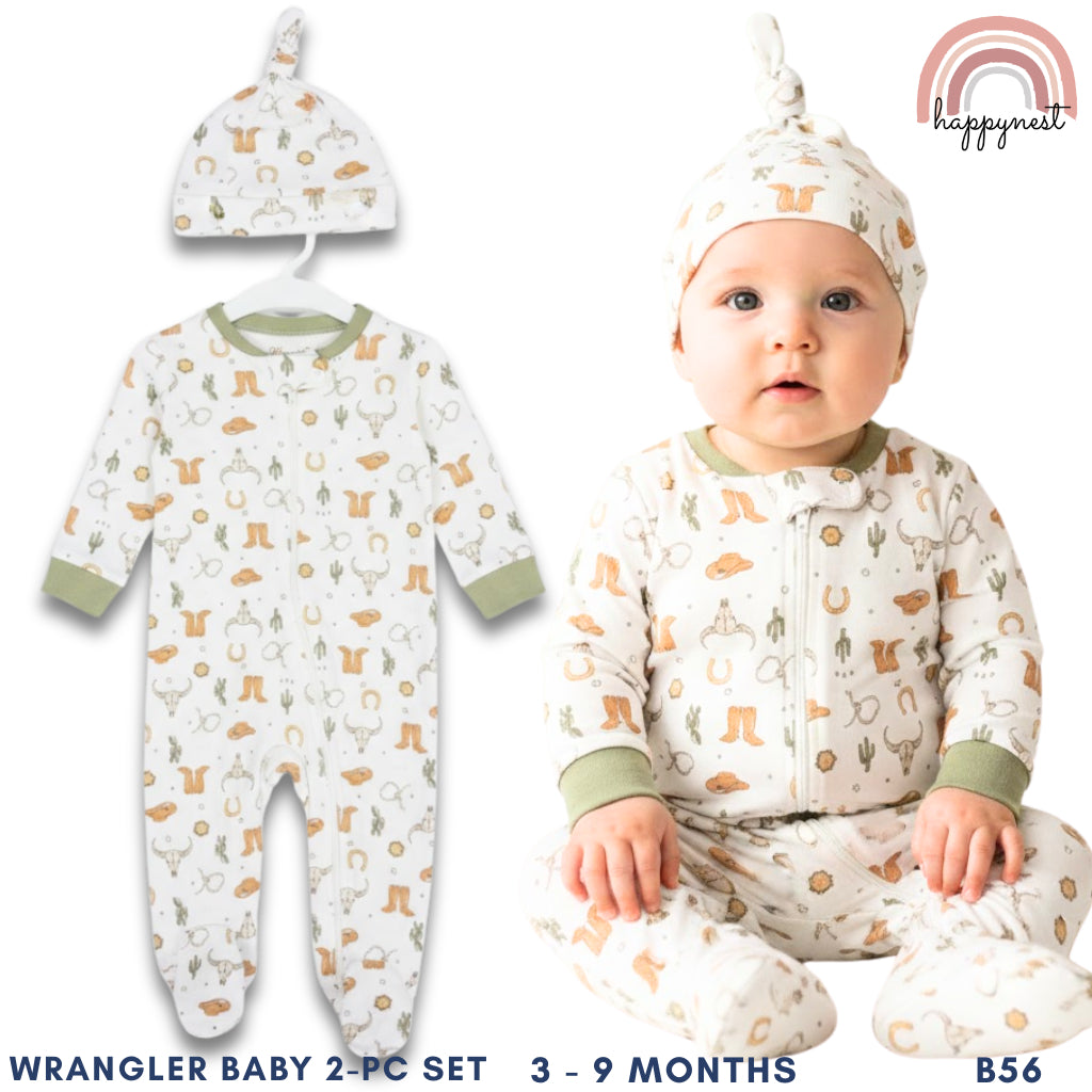 Wrangler Baby 2-Pc Sleepsuit & Hat Set | Cowboy Gear Print (B56) 3-9 Months